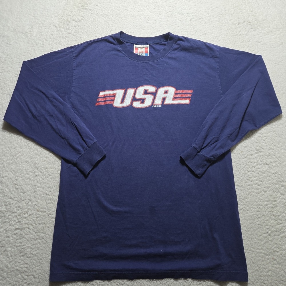 VTG Early 2000s adidas USA Olympics Long Sleeve T‎ Shirt Medium Navy Spell Out